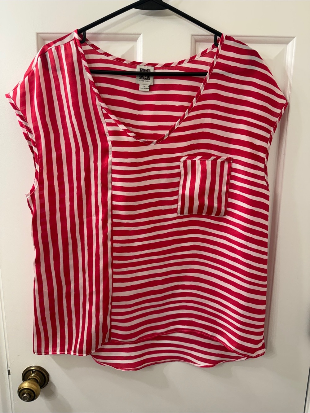 Anne Klein Pink and White Striped V-Neck Pocket Top